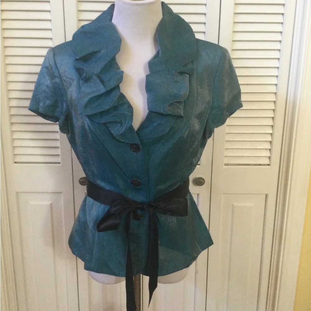 Adrianna Papell Teal Ruffle Blouse with Black Sash